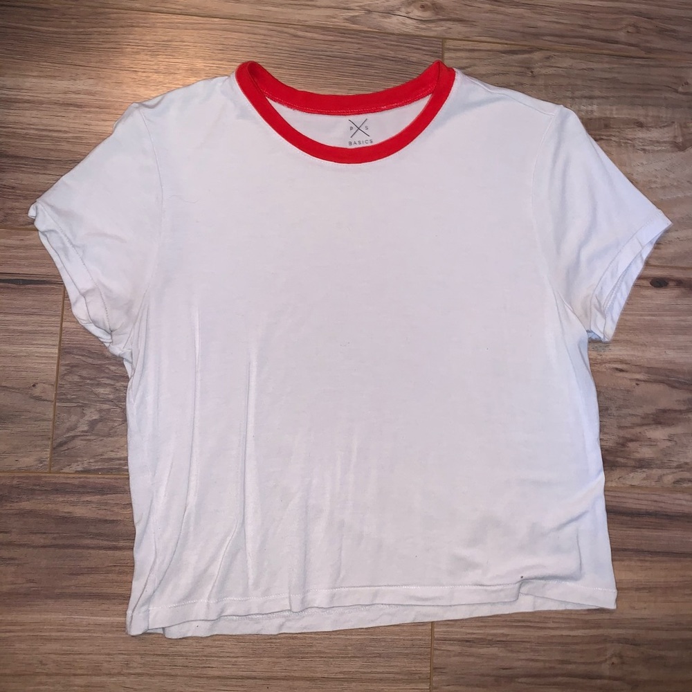 PAC sun white crop tee shirt with red collar